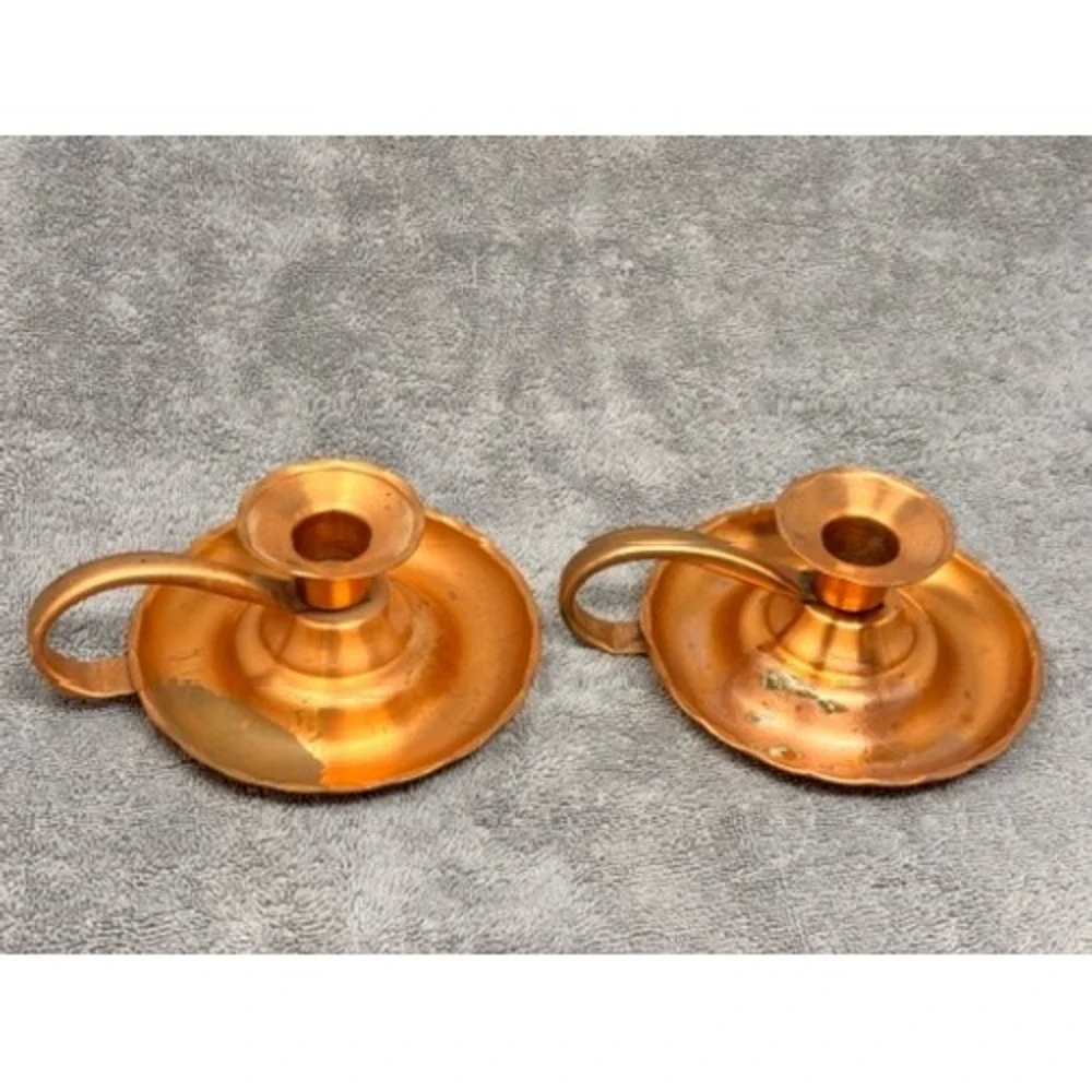 Vtg Copper Tin Chamberstick Candle Holders Set of 2 Made in Utah Scalloped Edge
